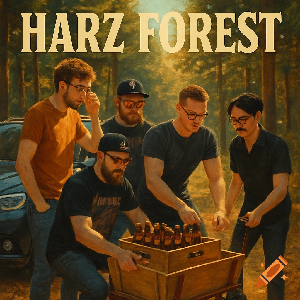 Five men load beer bottles into a wooden wagon in a sunlit forest, with 'HARZ FOREST' text overhead, stylized as an album cover.
