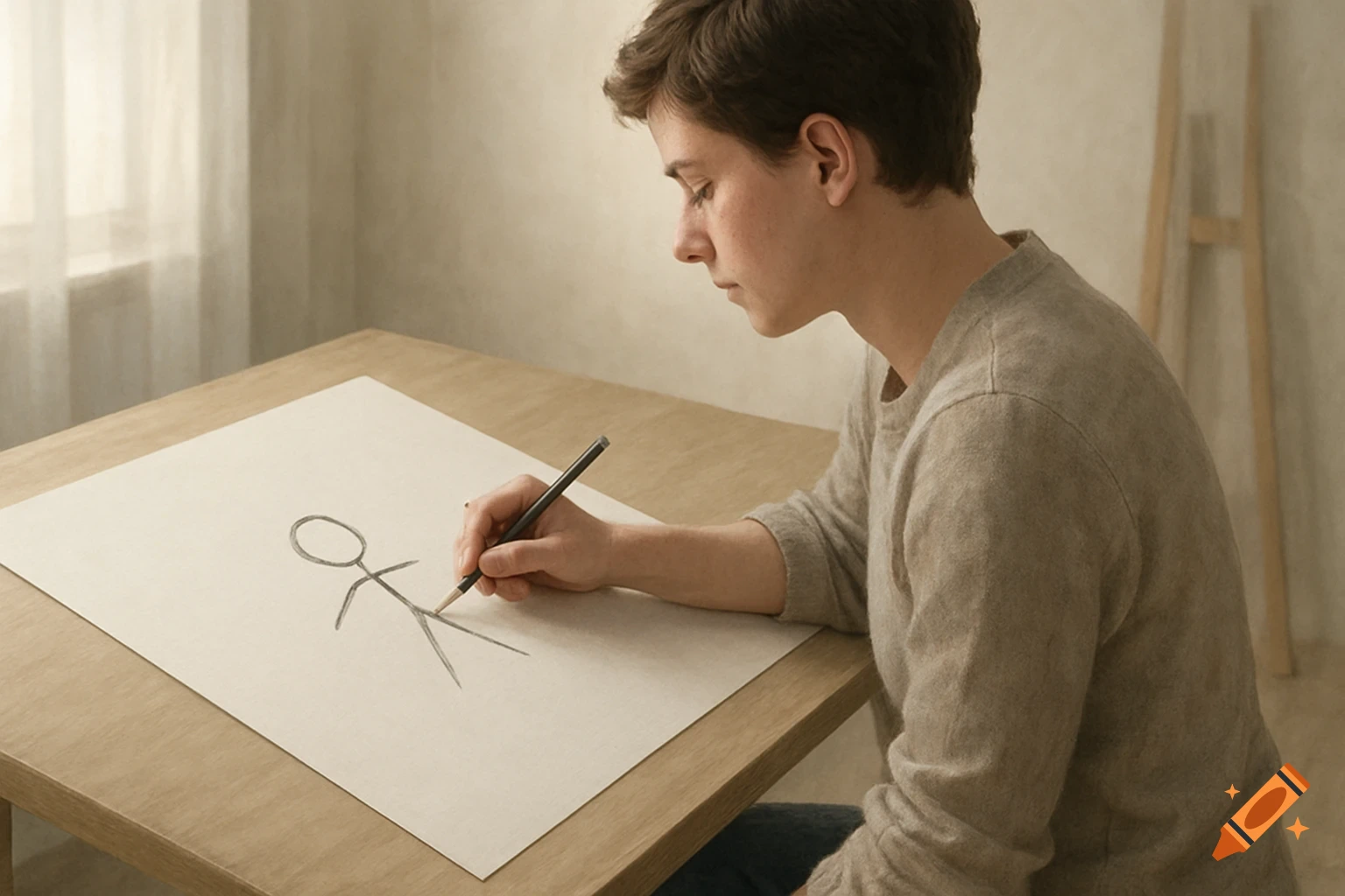 A person draws a stick figure on a piece of paper on a wooden table, in a realistic style.