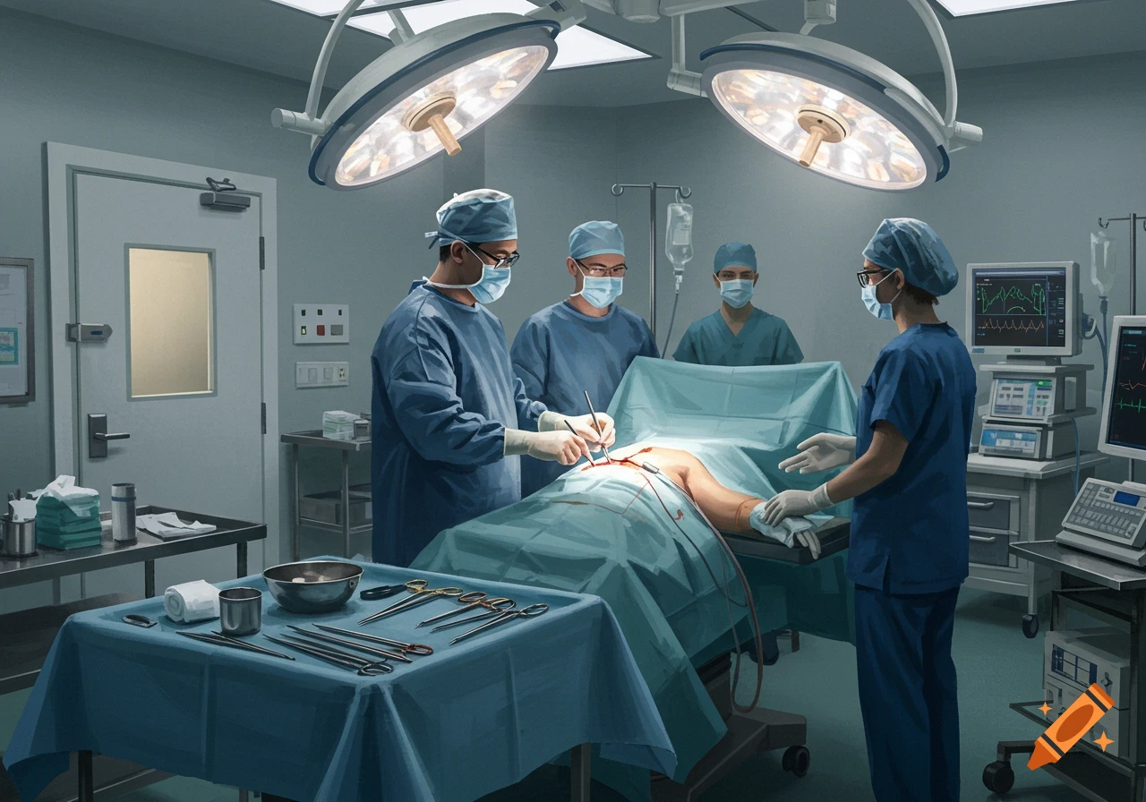 Digital illustration of surgeons in blue scrubs performing an operation on a patient's leg in a brightly lit operating room.