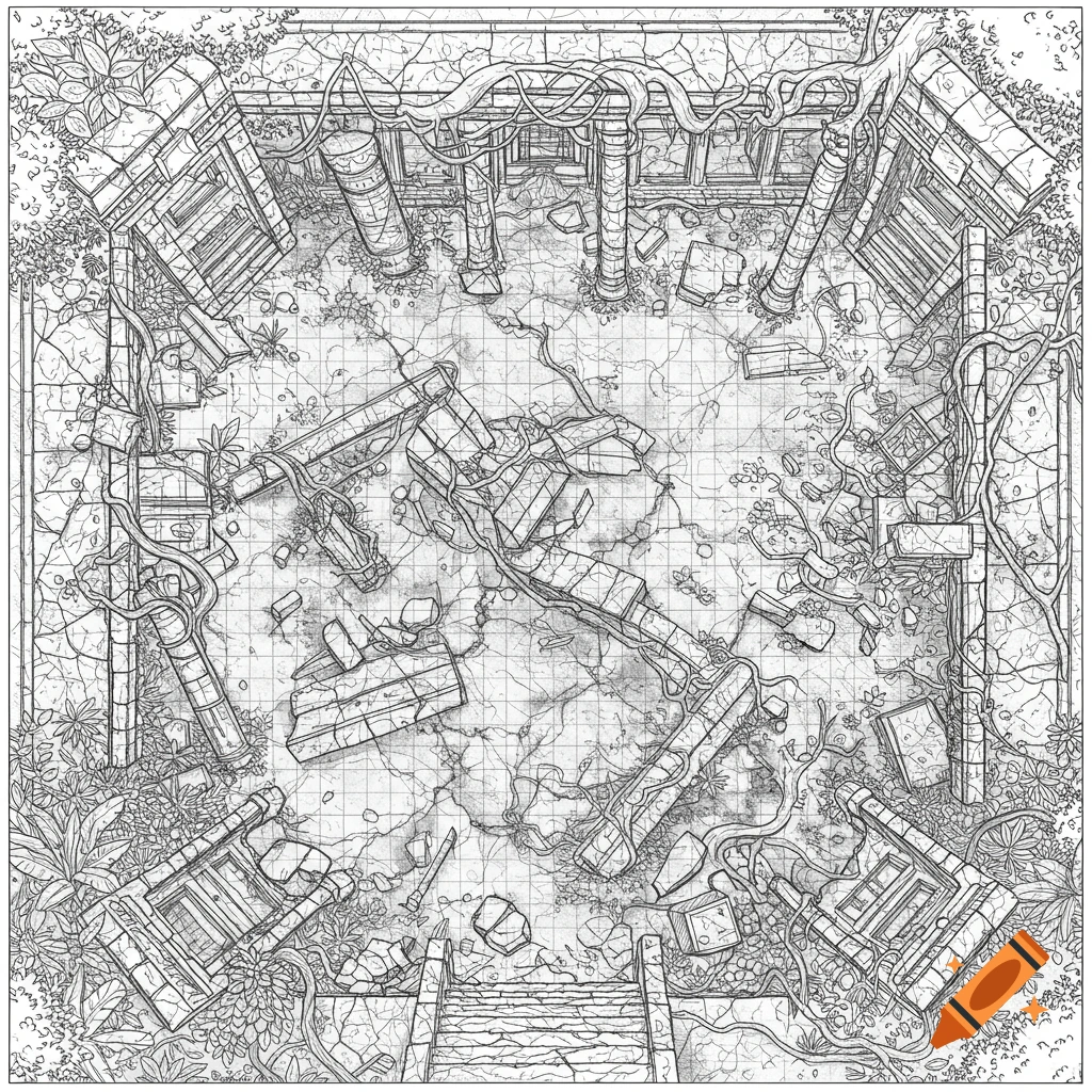 Top-down black and white line art battle map of overgrown ancient jungle temple ruins with broken pillars, vines, and scattered debris on a grid.