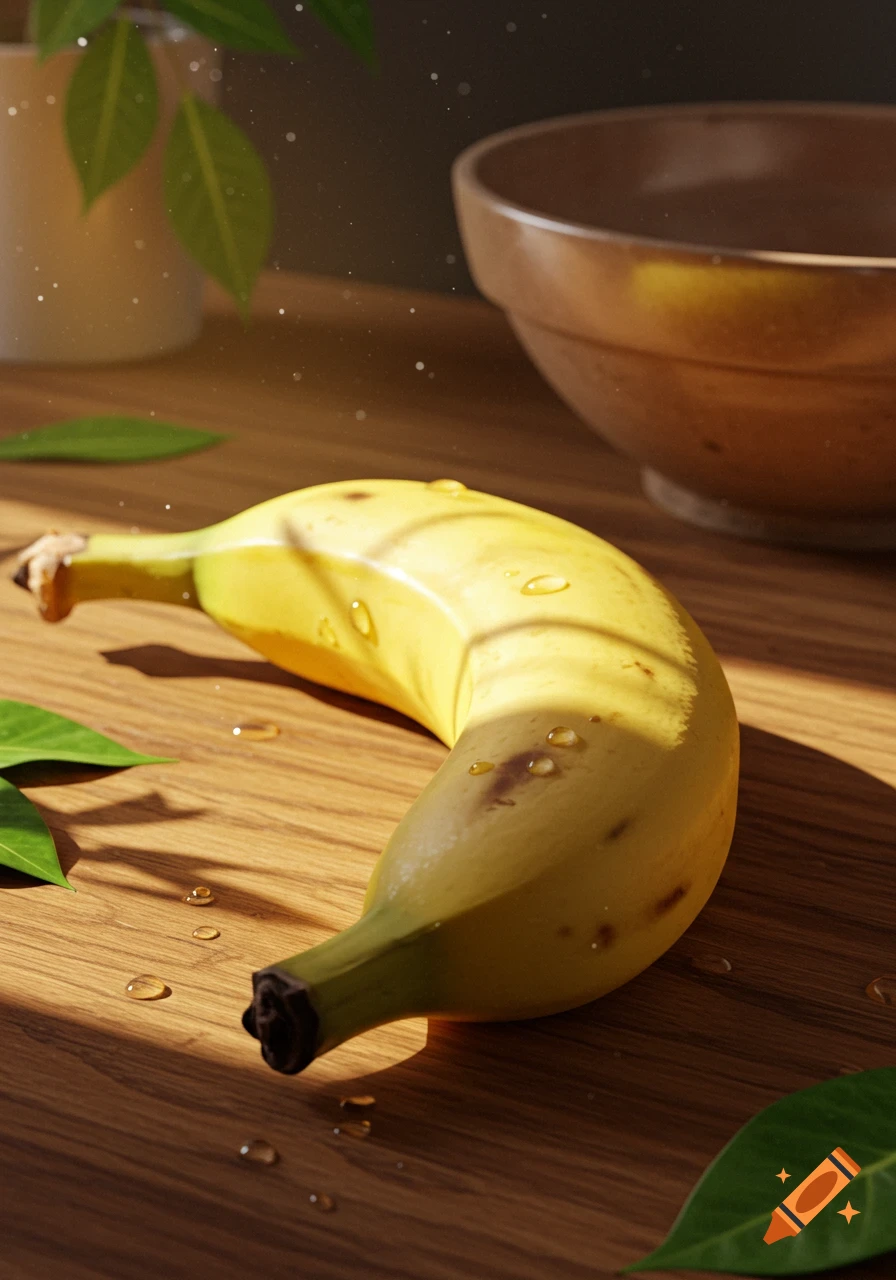 A vibrant yellow banana covered in water droplets lies on a wooden table with green leaves and a ceramic bowl in the background. Photorealistic style.