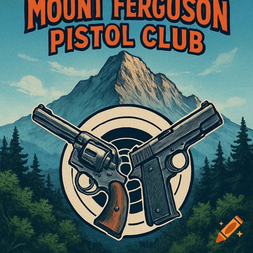 Vintage-style illustration of a mountain behind crossed pistol and revolver over a target, with 'MOUNT FERGUSON PISTOL CLUB' text.