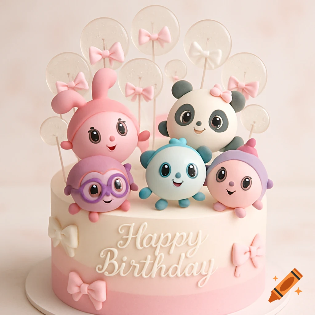 A pastel pink and white birthday cake decorated with BabyRiki cartoon characters, 'Happy Birthday' text, bows, and lollipops.