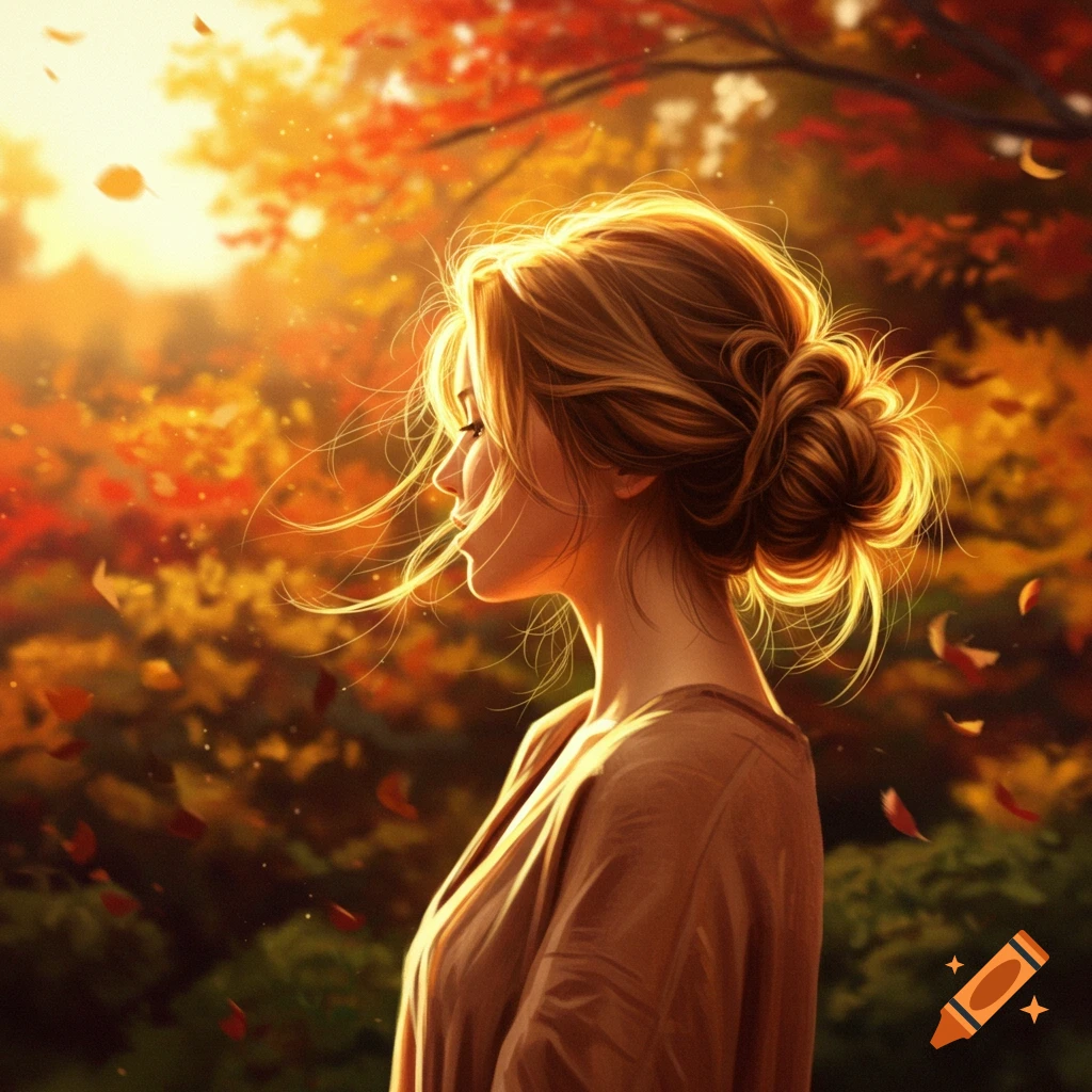 Illustrated profile of a woman with a messy bun, bathed in warm light in an autumn forest with falling leaves.