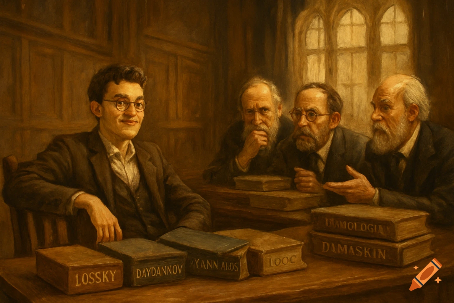 Classical oil painting of a grinning student at an exam table with books, facing three puzzled professors.