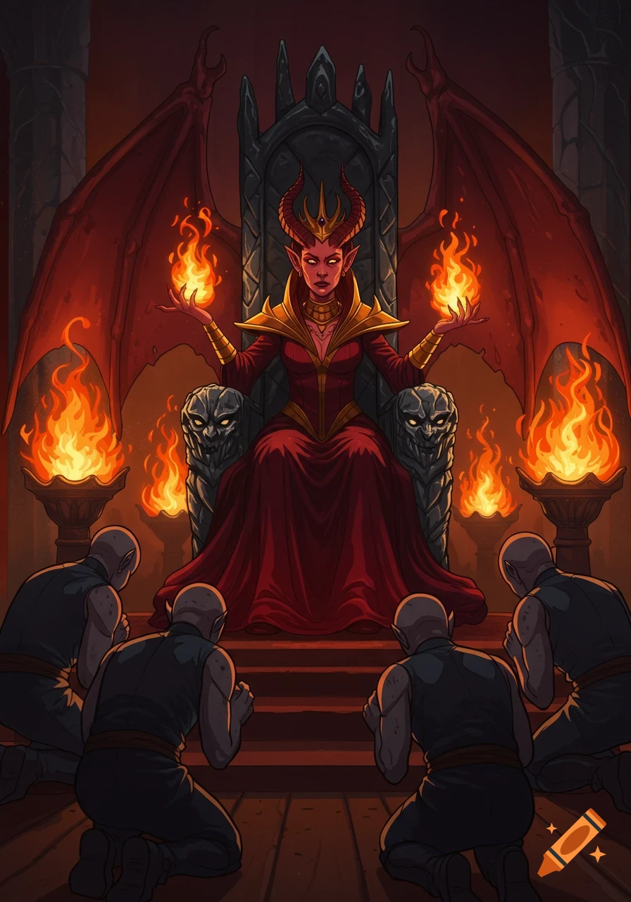 A horned demon queen with wings sits on a dark throne, holding fire, as bald servants kneel before her in a grand room. Cartoon style.