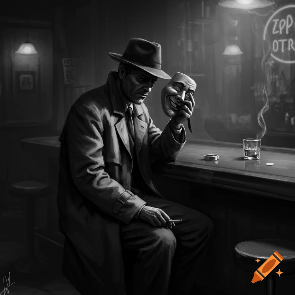 A sad, black and white noir detective in a trench coat sits at a bar, holding a happy mask while smoking a cigarette.
