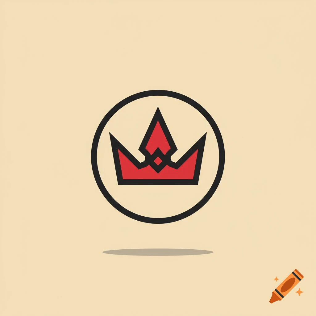A simple red crown icon with a black outline inside a black circle, casting a shadow on a beige background.