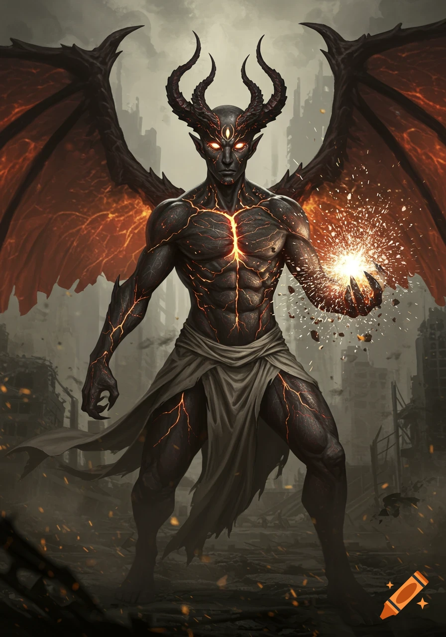 A powerful demon with glowing red veins, large horns, and dark wings holds a bright orb of energy in a ruined cityscape.