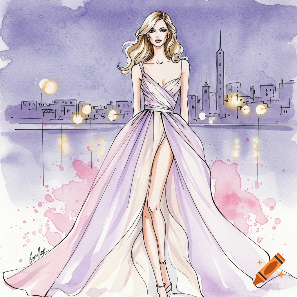 A fashion illustration of a blonde woman in a flowing lavender gown with a high slit, against a watercolor city skyline at night.