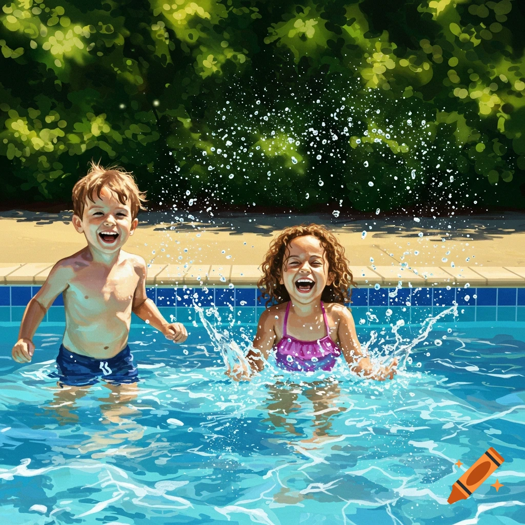 Two happy children, a boy and a girl, splash and laugh in a bright blue swimming pool on a sunny day.
