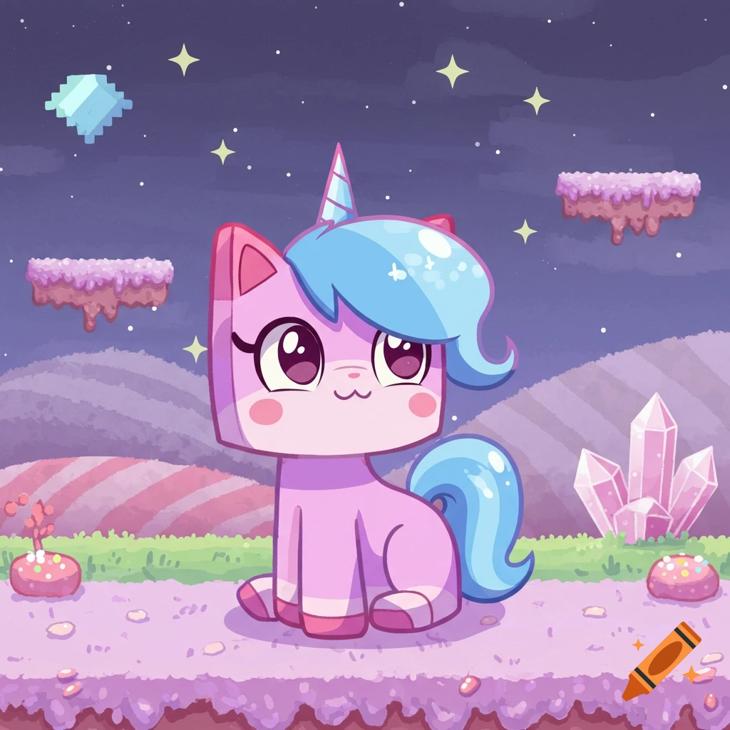 A cute, pink, blocky unicorn with blue hair sits in a whimsical, pastel fantasy landscape with floating platforms and crystals, in a cartoon style.