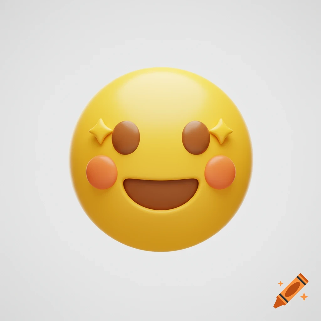 A happy 3D yellow emoji with sparkling eyes, rosy cheeks, and a wide smile on a white background.
