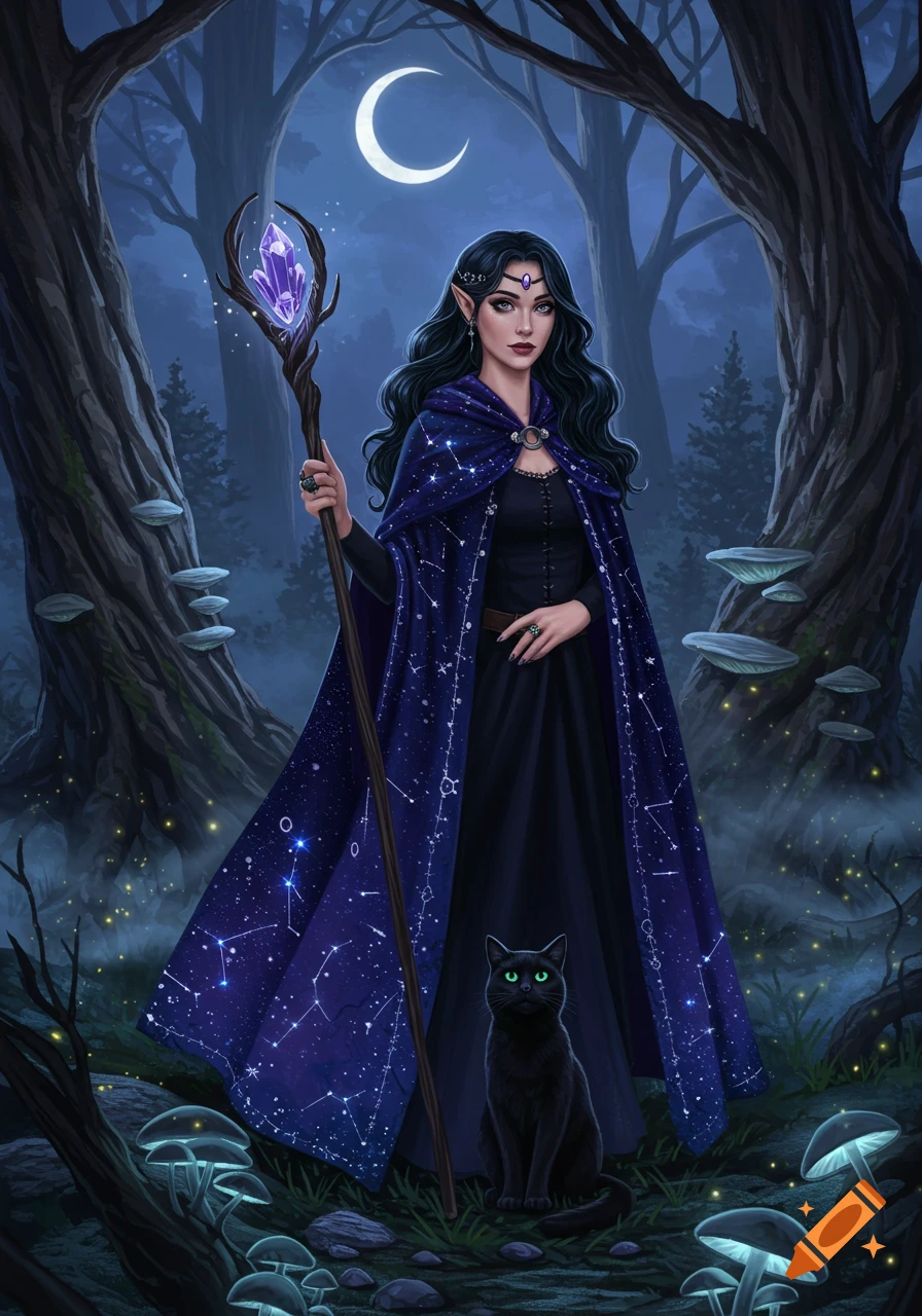 A dark-haired witch in a starry cape holds a crystal staff, with a black cat, in a magical moonlit forest with glowing mushrooms. Digital art.