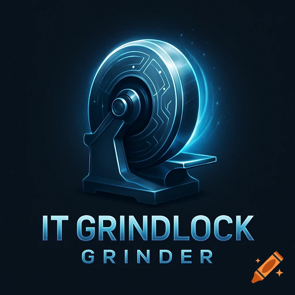 A stylized blue and black logo featuring a glowing grinding wheel with circuit patterns, text reads 'IT GRINDLOCK GRINDER'.
