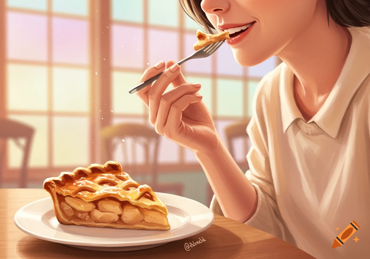 Close-up illustration of a person happily eating a slice of apple pie in a brightly lit cafe.