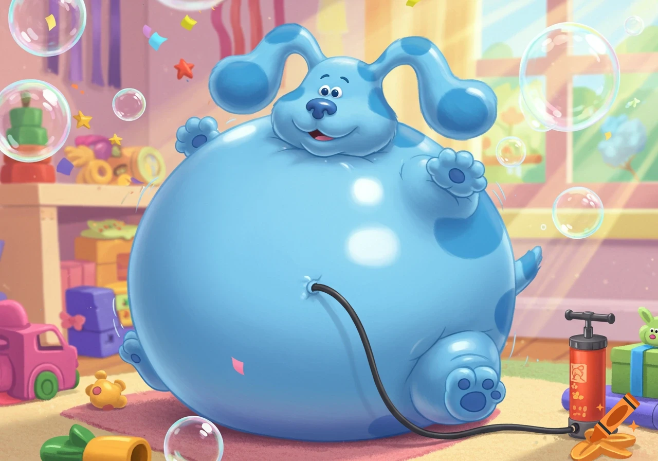 Blue from Blue's Clues, inflated like a giant balloon, floats happily in a colorful playroom with an air pump.
