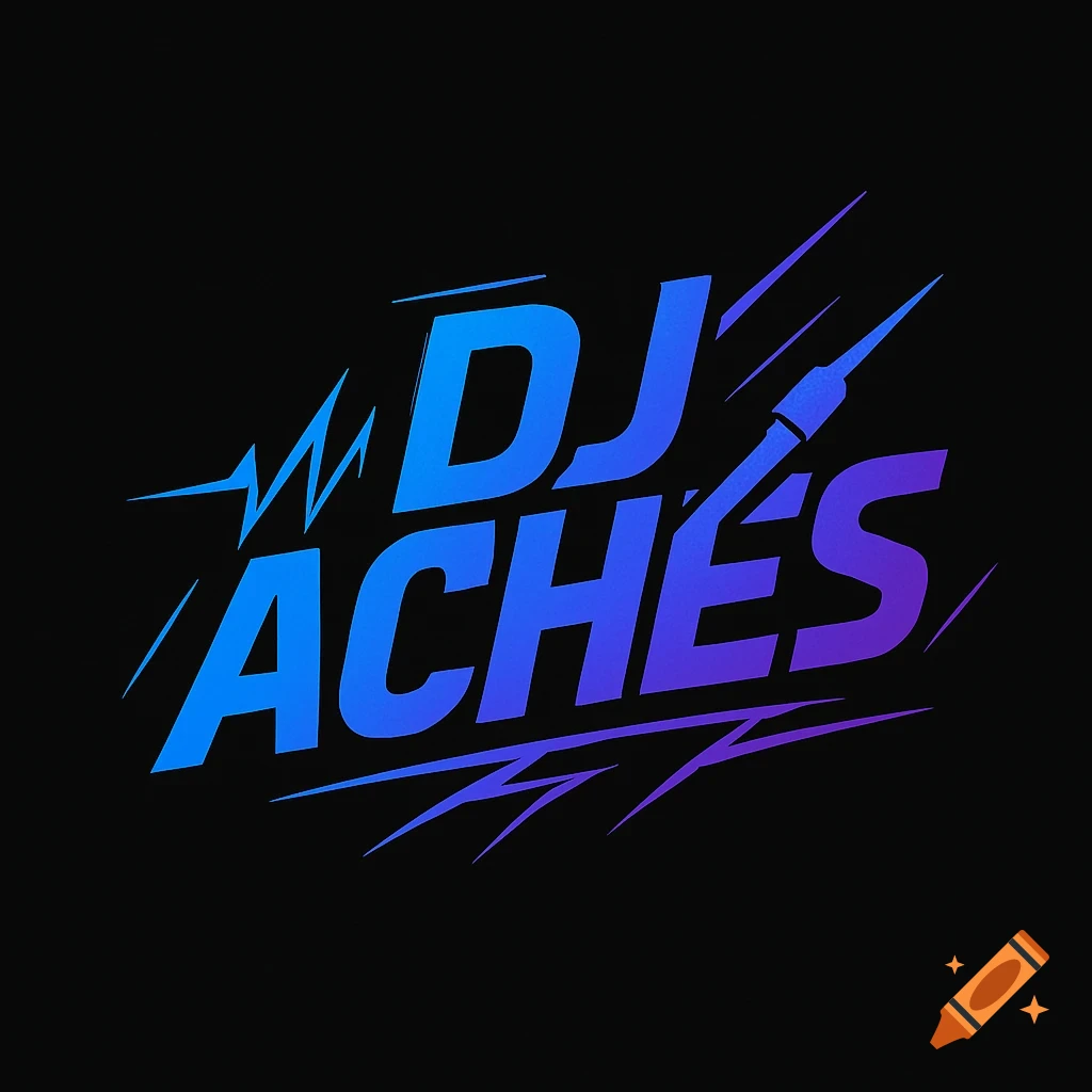 Stylish blue and purple gradient 'DJ ACHES' logo on black, with a lightning bolt and a dart graphic.