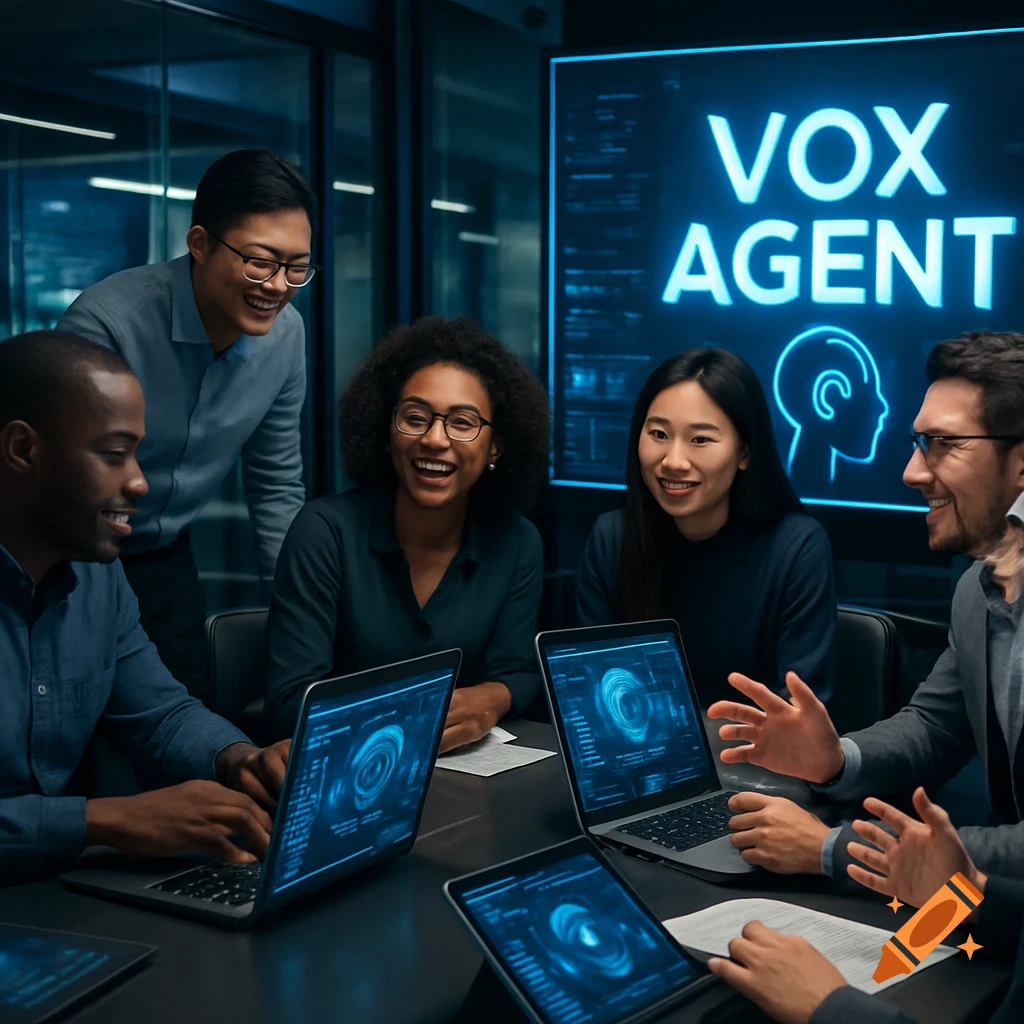 Photorealistic image of a diverse professional team collaborating in a modern office with laptops and a "VOX AGENT" screen.