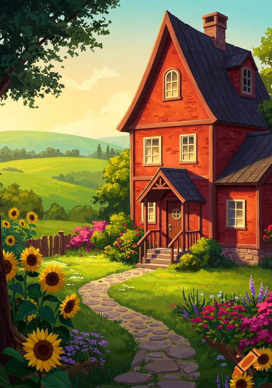 An illustrative red house with a dark roof stands amidst green rolling hills, a stone path, sunflowers, and colorful flowers under a bright sky.