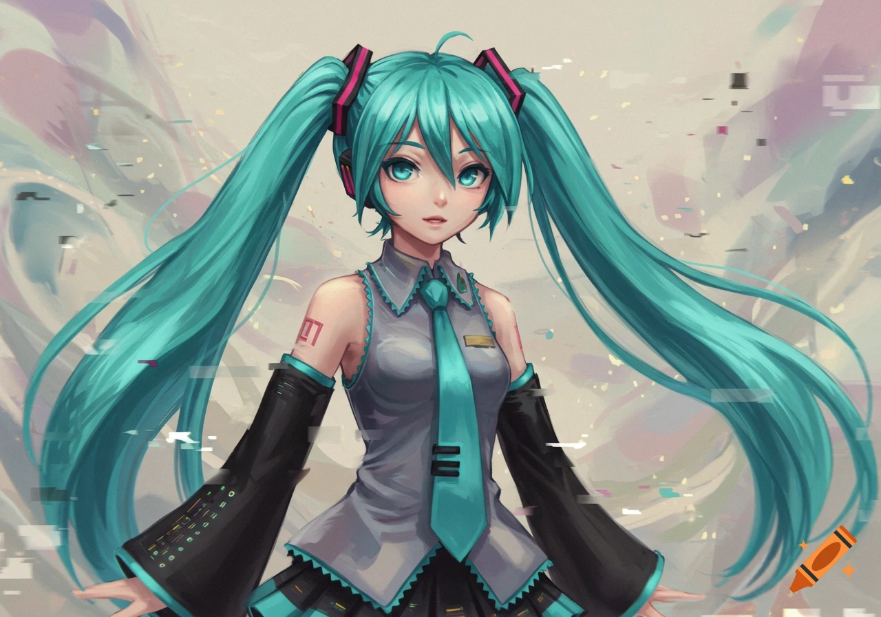 Anime character Hatsune Miku with teal pigtails and uniform, against a glitchy, abstract background.