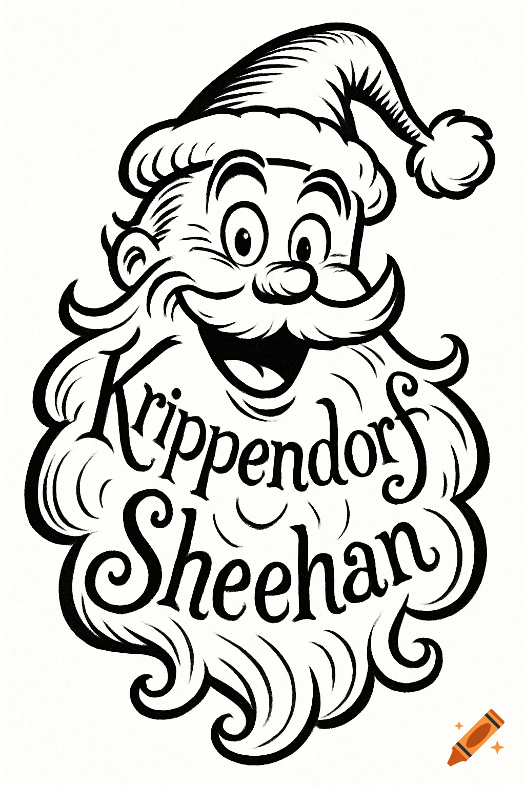Black and white outline drawing of a smiling Santa head with "Krippendorf Sheehan" incorporated into his beard, in a Dr. Seuss style.