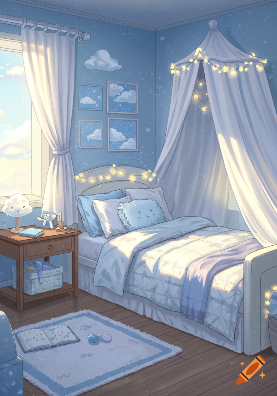 A cozy, light blue anime-style bedroom with a canopy bed, fairy lights, cloud decorations, and sunlight streaming through a window.