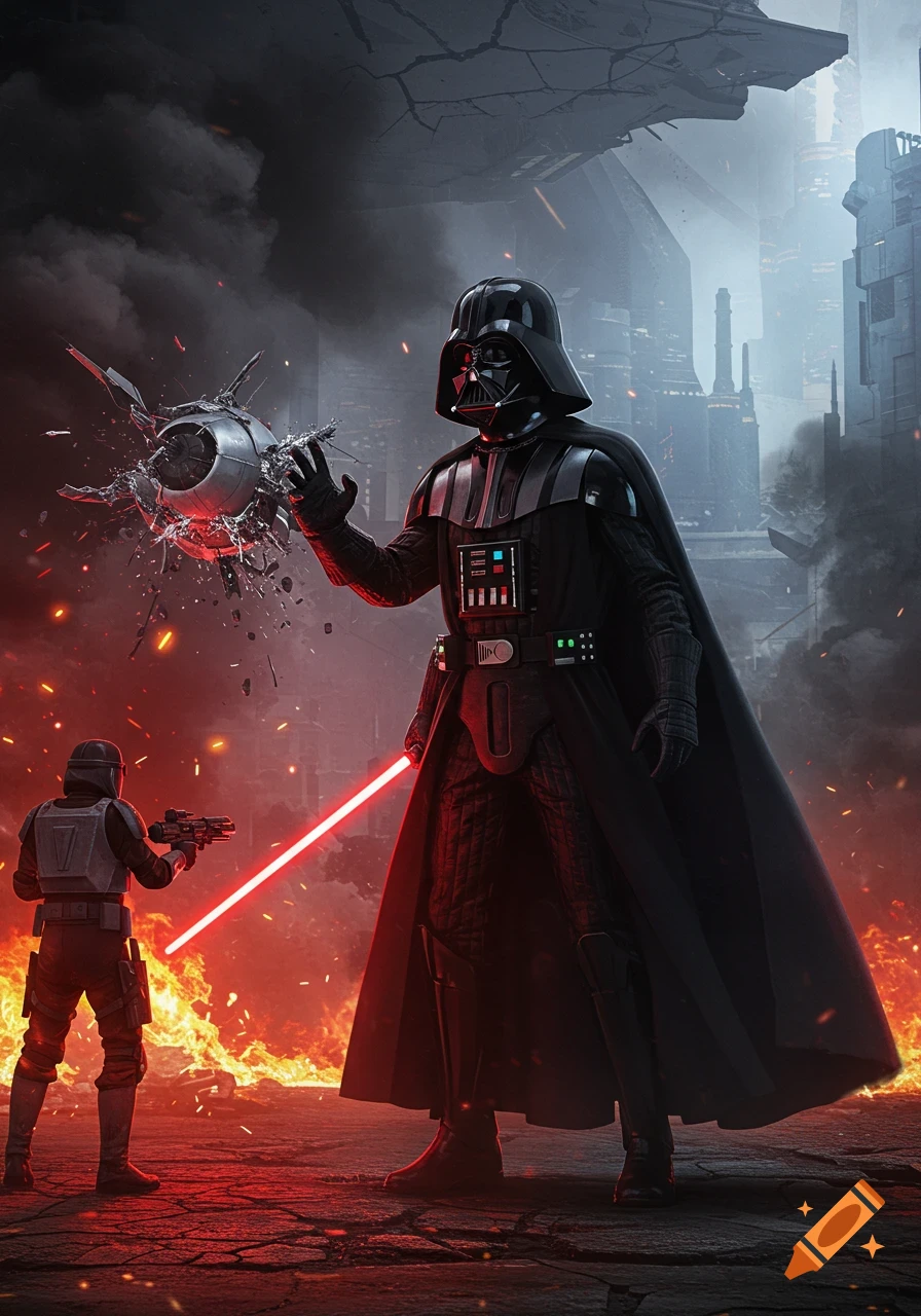 Darth Vader uses the Force to crush a drone, facing a trooper with a red lightsaber in a burning, ruined city.