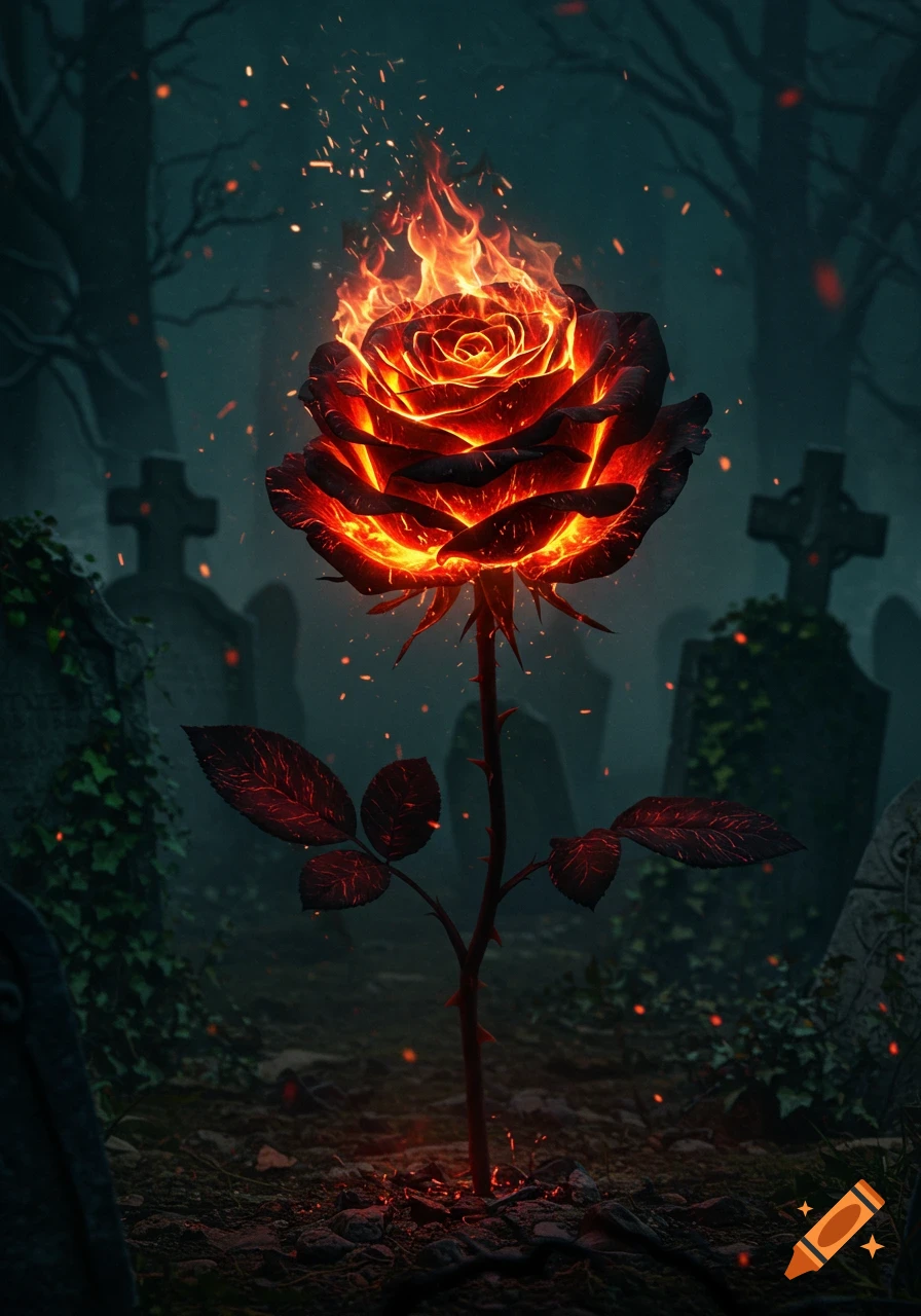 A hyper-realistic burning black and red rose stands prominently in a dark, misty cemetery with tombstones in the background.