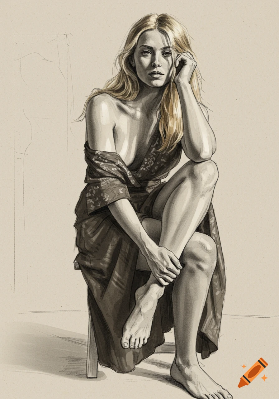 A charcoal and color sketch of a seated woman with long blonde hair, looking directly forward, with a draped robe.