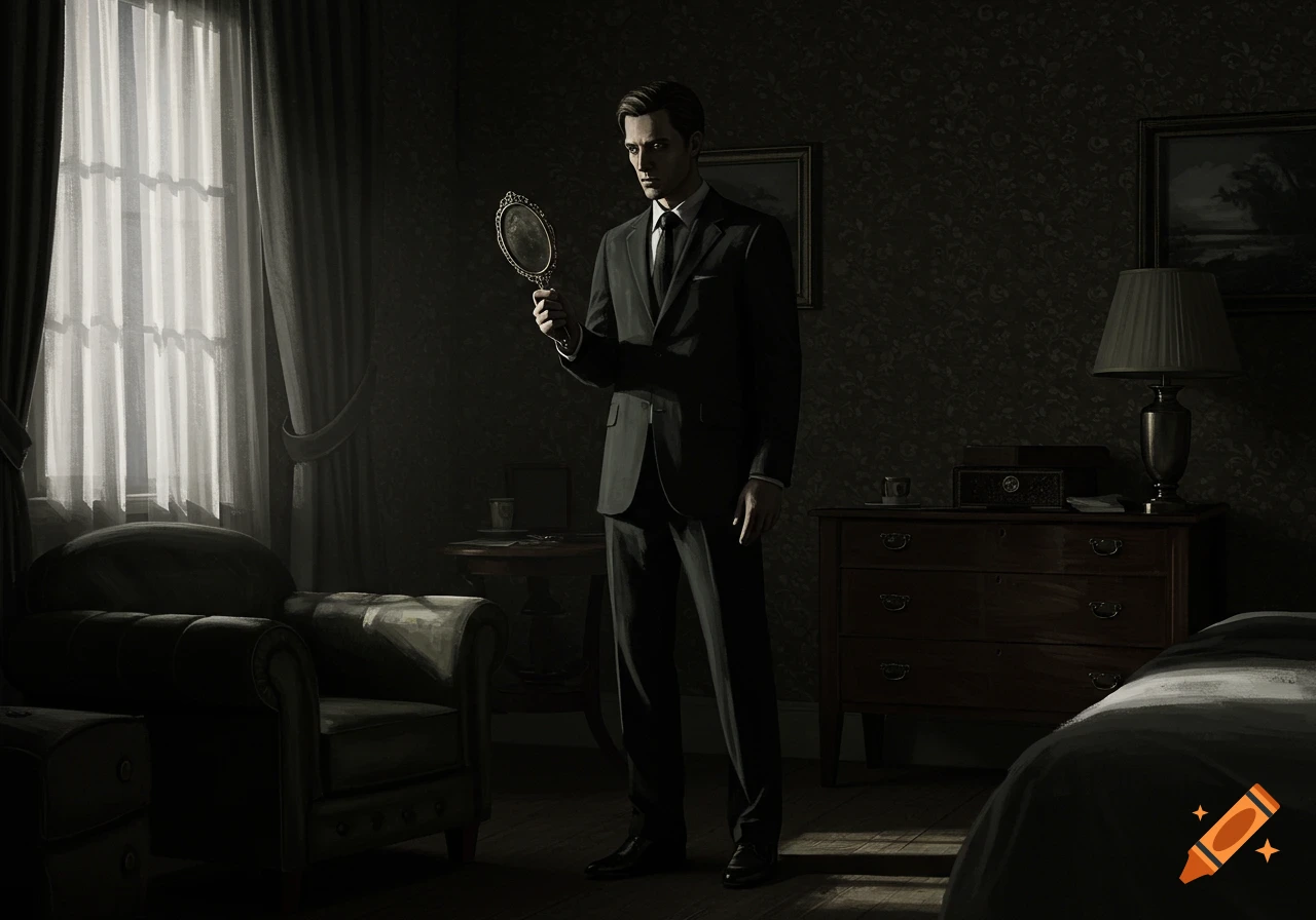 A man in a dark suit holds an ornate mirror in a dimly lit hotel room, a window with light to his left. Stylized illustration.