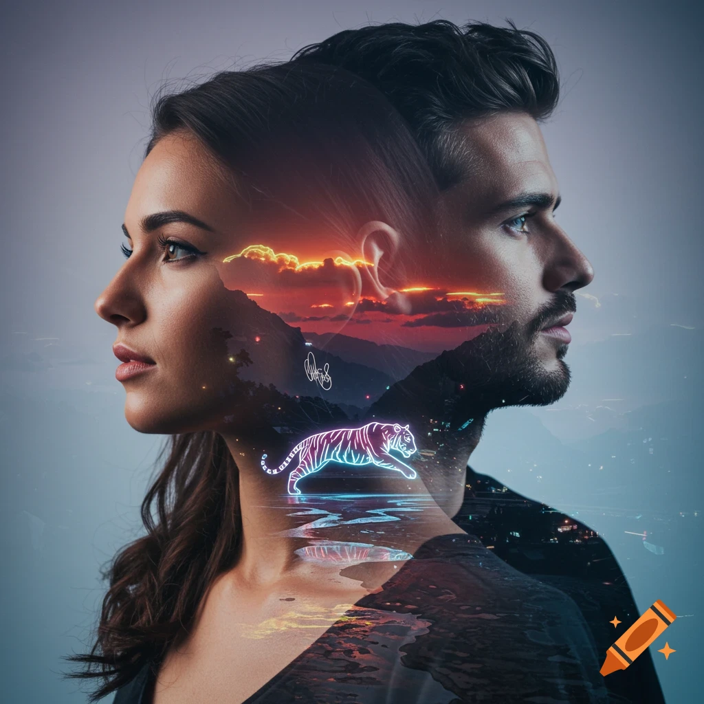 Double exposure portrait of a man and a woman, their silhouettes filled with a landscape of mountains and a sunset. A neon tiger leaps over a reflective surface, and neon graffiti is present.