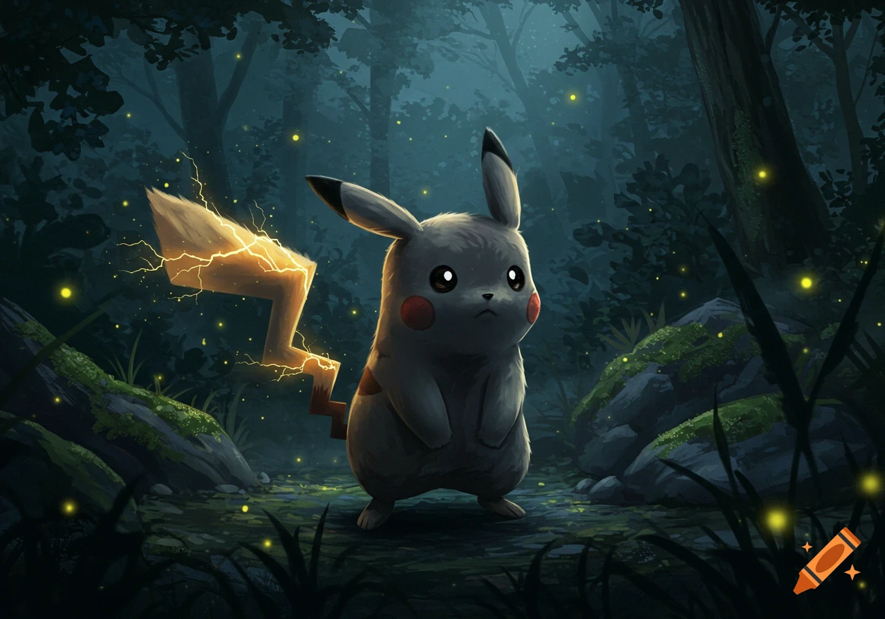 A grey Pikachu with an electric tail stands in a dark, misty fantasy forest with glowing fireflies, in a stylized illustration.