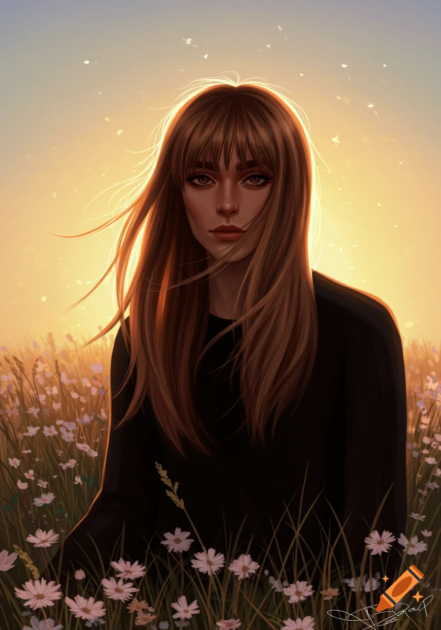 Digital painting of a woman with long brown hair and bangs, standing in a field of white flowers at sunset.