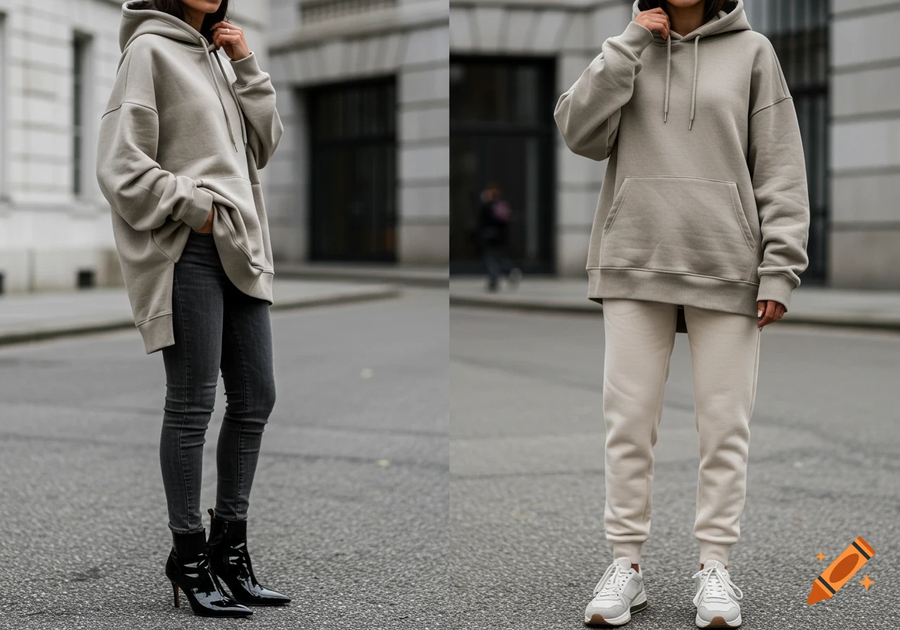 Two women in oversized beige hoodies, one with black skinny jeans and heels, the other with light joggers and sneakers, on an urban street.