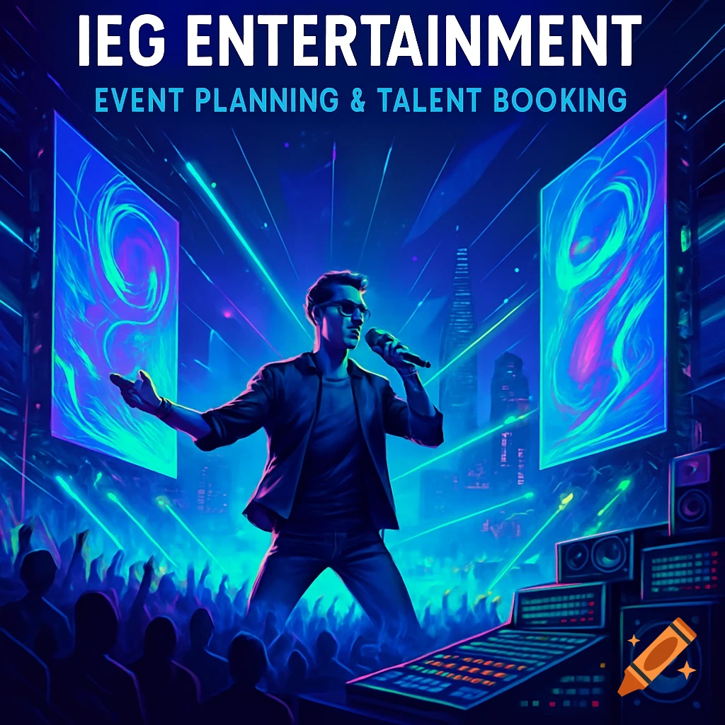 A singer performs on stage under neon lights with a crowd, large screens, and sound equipment.