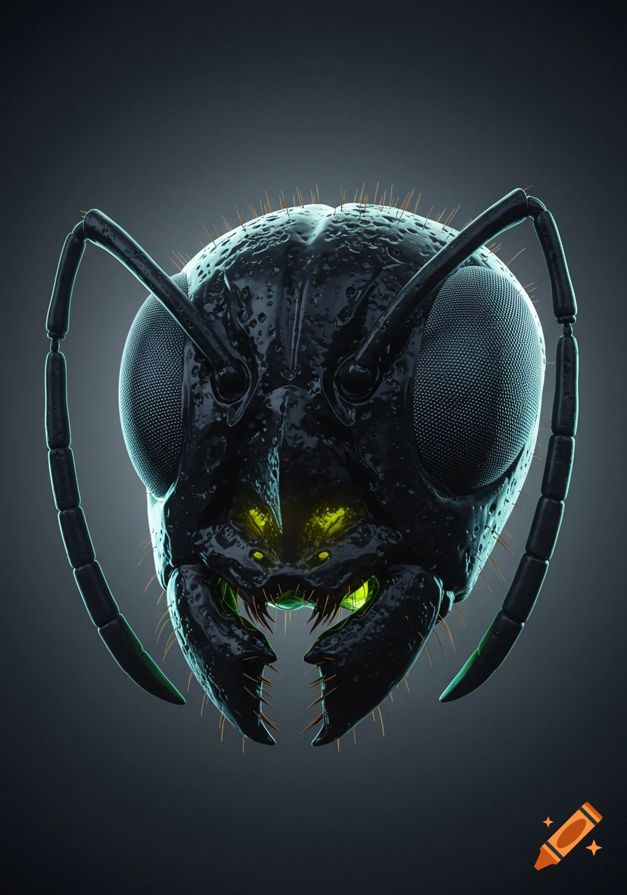 A detailed, stylized close-up of a black ant's head, resembling a helmet, with glowing green eyes and mandibles on a dark background.