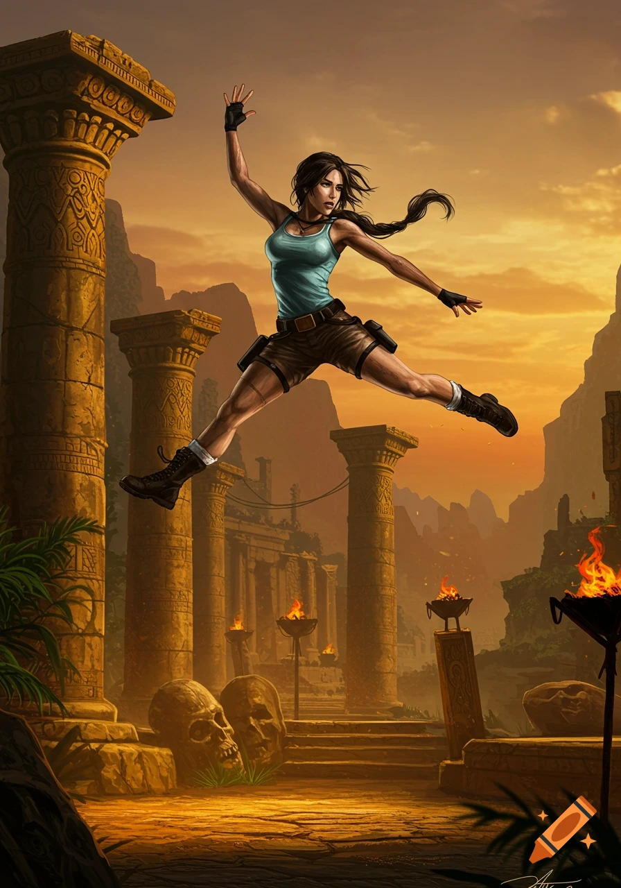 Lara Croft leaps dramatically over ancient ruins with burning braziers at sunset in an adventurous illustration.