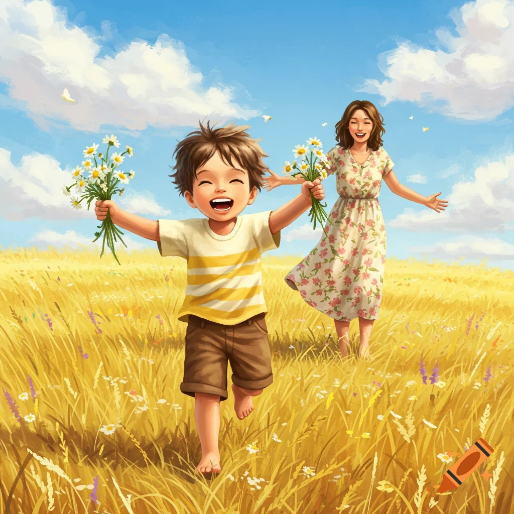 A happy boy and woman run barefoot through a sunlit golden field, holding bunches of daisies, in a cheerful illustration.