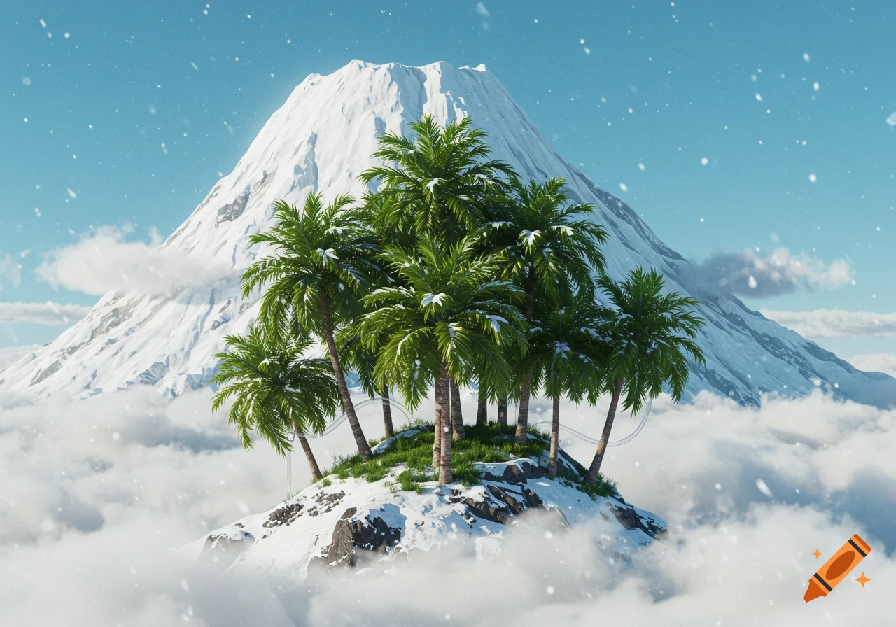 Palm trees on a snowy mountain peak with clouds and falling snow, photorealistic.