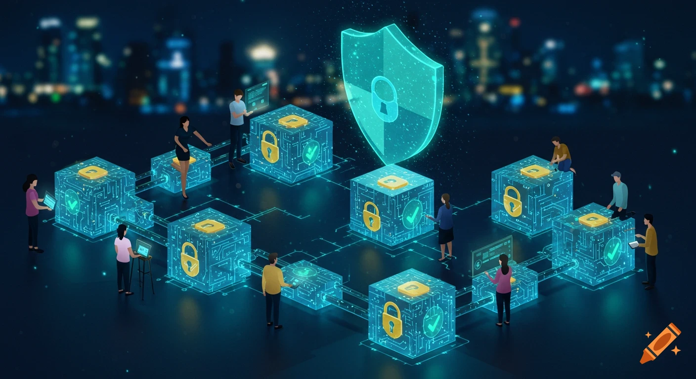 Digital illustration of people interacting with glowing blockchain cubes, padlocks, and checkmarks, under a shield, against a digital city skyline.