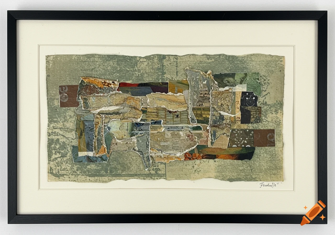 A framed abstract collage artwork featuring torn and layered paper with various textures and patterns, predominantly in muted greens, blues, and browns, with some oranges and reds. A signature 'Ferdowsi's' is in the bottom right corner of the collage.