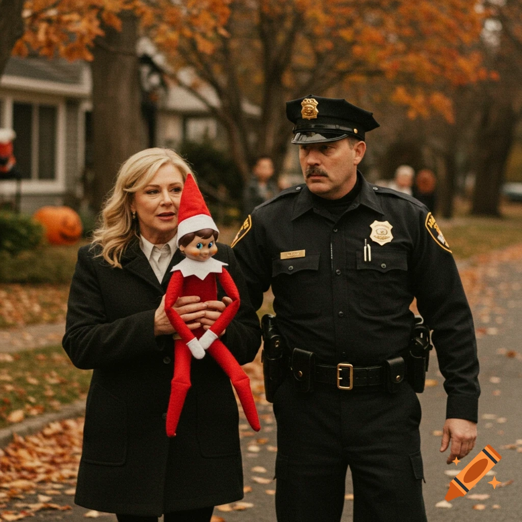 A woman in a black coat holds an Elf on the Shelf doll next to a police officer on an autumn street.
