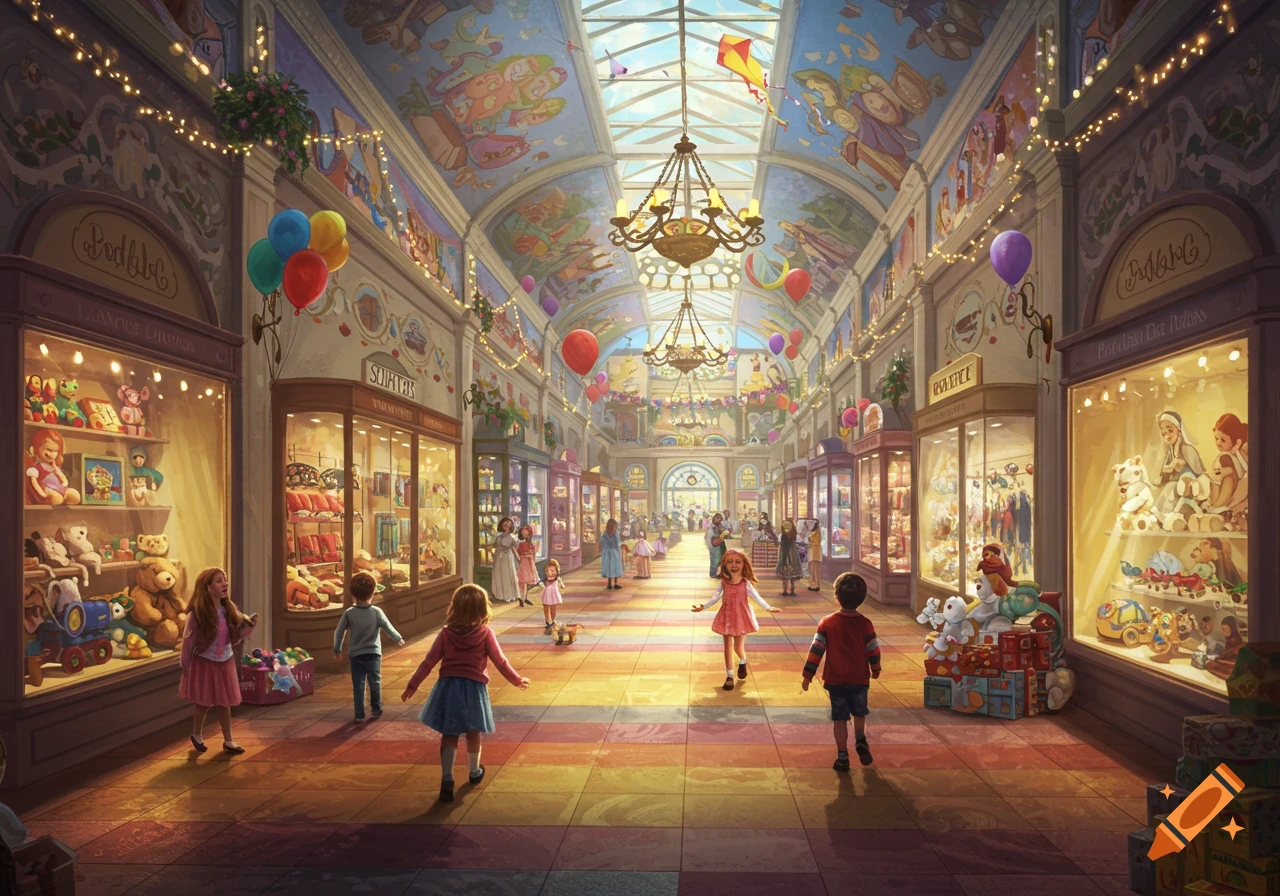 A vibrant illustration of a bustling children's shopping arcade filled with toys, balloons, and children.