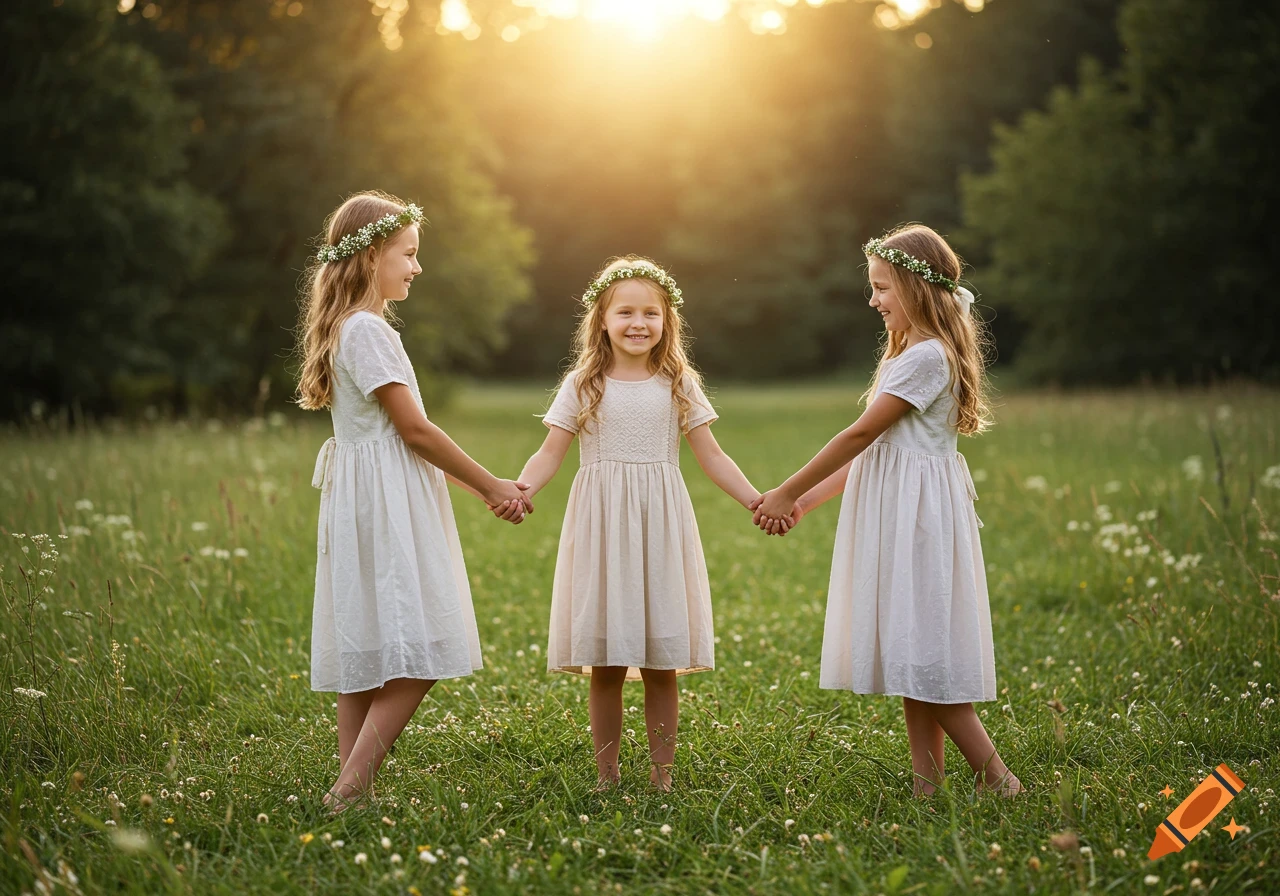 Three happy girls in white dresses and flower crowns hold hands in a sunny, grassy field.