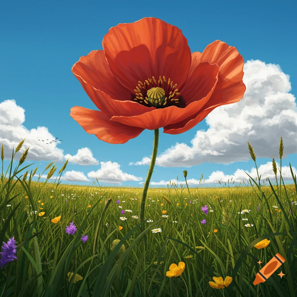 A giant red poppy stands tall in a vibrant green and yellow meadow under a blue sky with fluffy white clouds and birds.