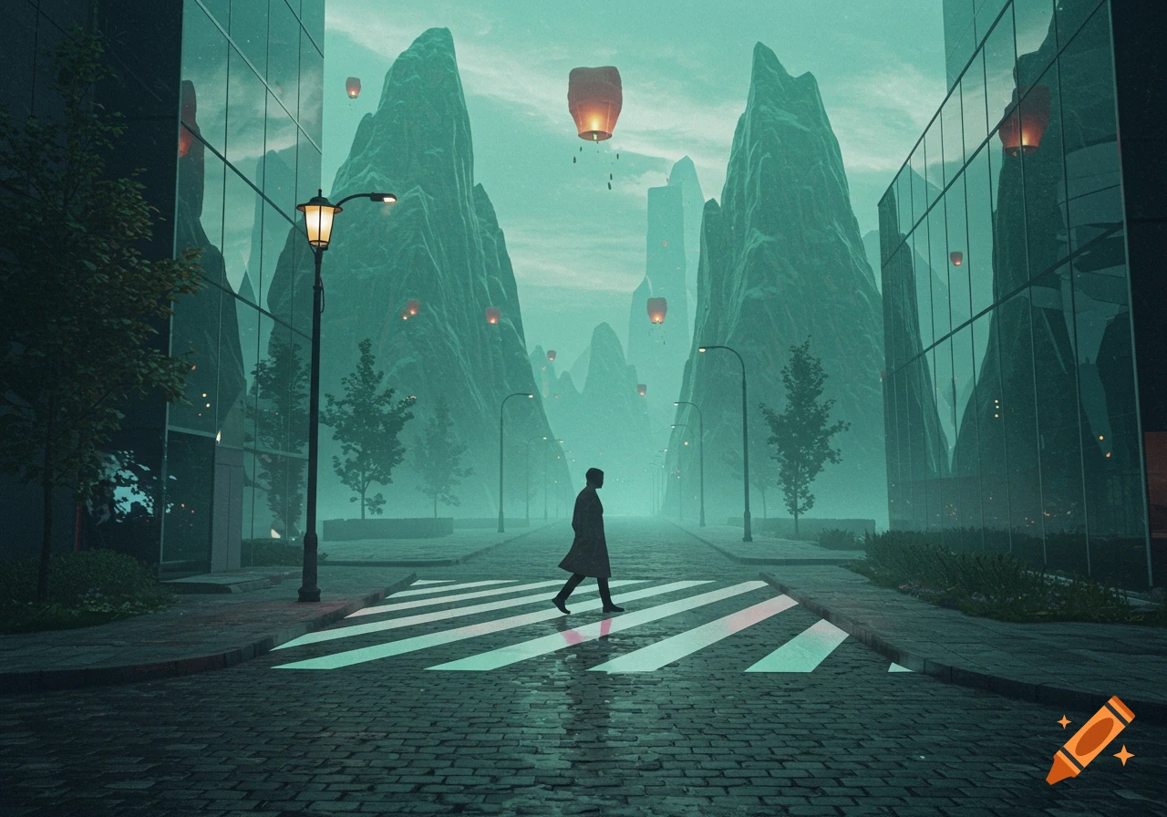 A person walks across a zebra crossing in a surreal misty city street flanked by glass buildings and massive jagged mountains under floating lanterns.