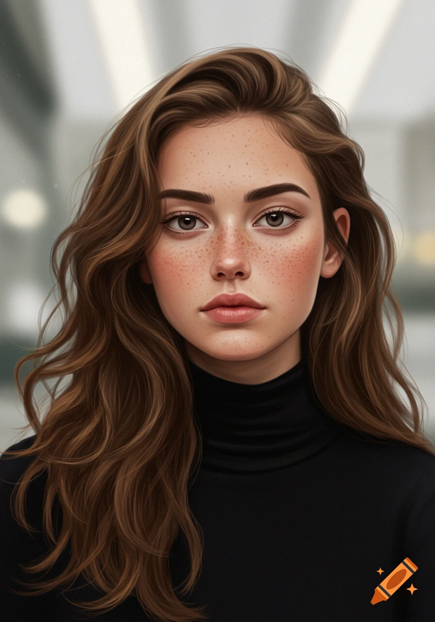 Stylized portrait of a young woman with long wavy brown hair, freckles, and a black turtleneck.