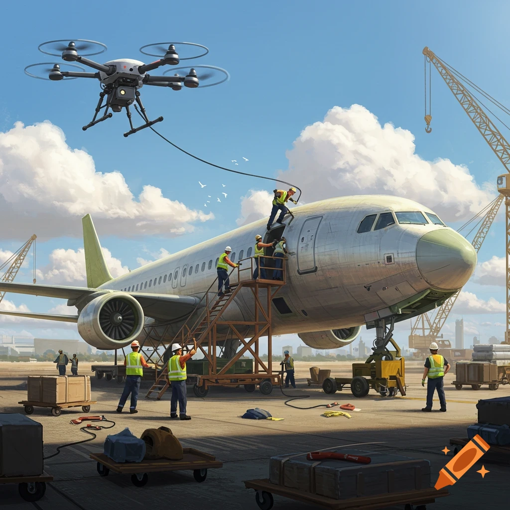 Workers on a tarmac maintaining a large passenger plane, with a drone flying overhead, and cranes in the background.