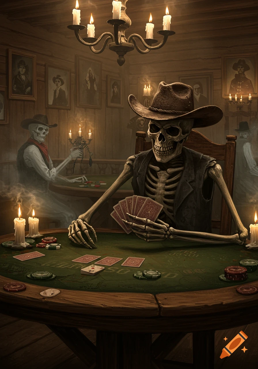 A skeletal cowboy wearing a hat plays poker at a dimly lit wooden table with other ghost-like skeletons in a western-style room.